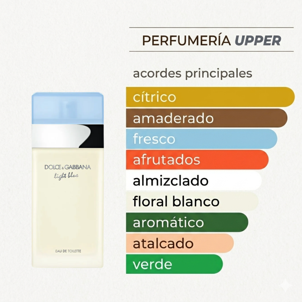 Estas son las notas olfativas de Light Blue de Dolce & Gabbana. Encuéntralas en decants y perfume completo en PERFUMERIA UPPER.