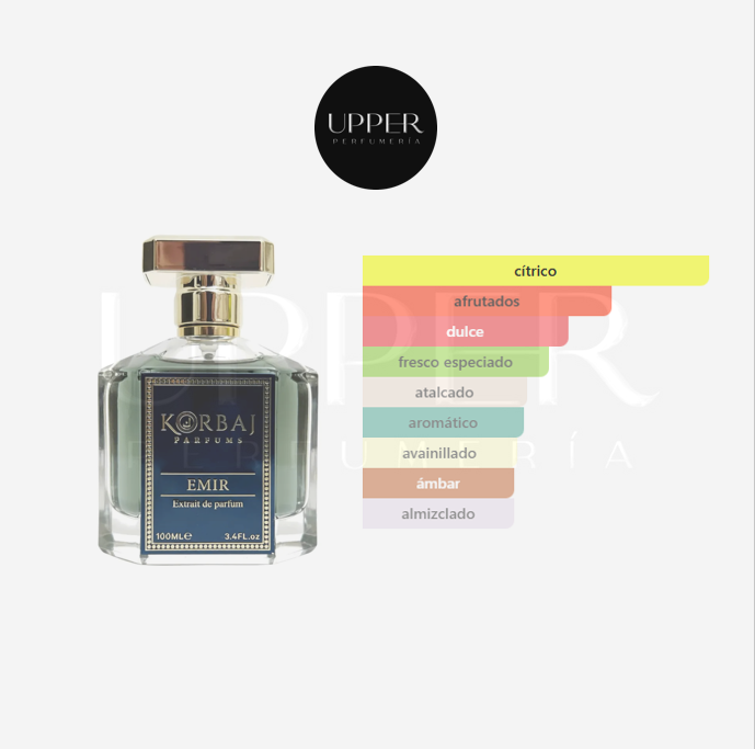 Notas olfativas de Korbaj Emir unisex. Encuéntralo en Perfumería Upper.