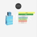 Notas olfativas de Al Haramain Aqua Dubai Eau de Parfum con bergamota, mandarina, notas acuáticas, almizcle y maderas