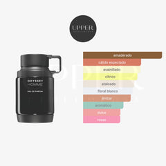 Notas olfativas de Armaf Odyssey Homme Eau de Parfum con cardamomo, mandarina, flor de azahar, vainilla, sándalo y ámbar