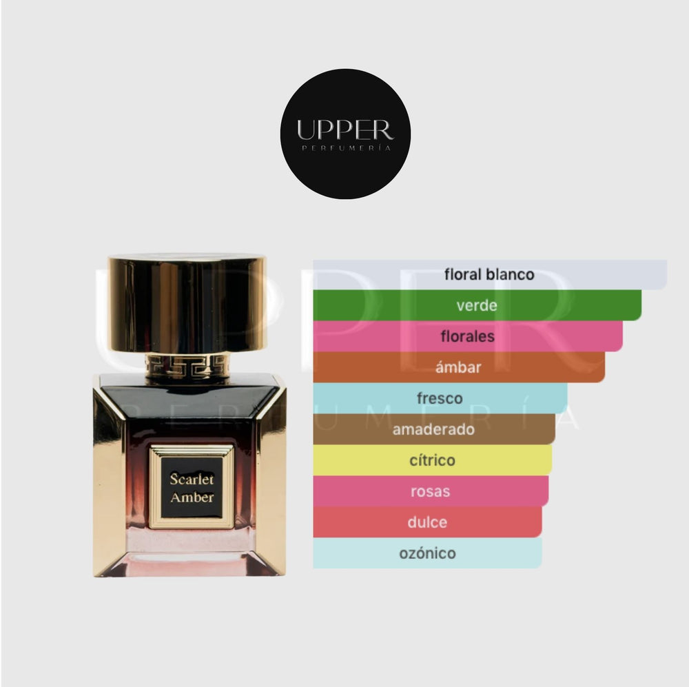 Notas olfativas de Korbaj Scarlet Amber Extrait de Parfum con mandarina, notas verdes, eucalipto, notas ozónicas, jazmín, lirio de los valles, rosa de mayo, lila, ámbar gris, caramelo, haba tonka y musgo de roble