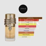 Notas olfativas de Lattafa Musamam White Intense EDP con bergamota, naranja, especias, coco, ylang-ylang, ambroxan, Mahonial, sándalo, almizcle y benjuí