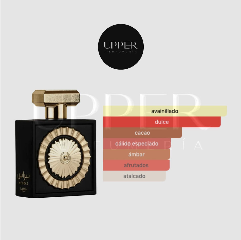 Notas olfativas de Lattafa Nebras EDP con bayas rojas, mandarina, vainilla, cacao, rosa, azúcar, haba tonka, ámbar y almizcle