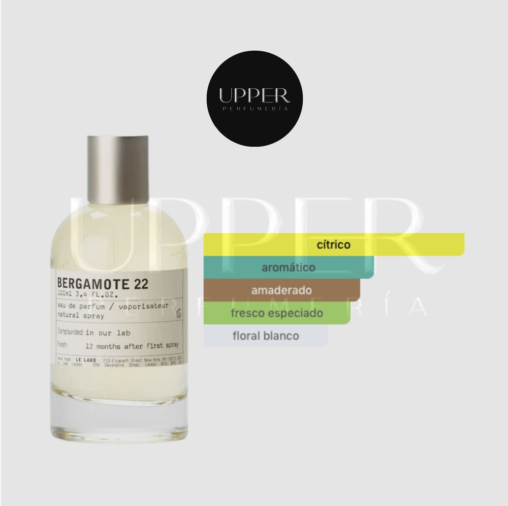 Notas olfativas de Le Labo Bergamote 22 EDP con bergamota, pomelo, petitgrain, flor de azahar, nuez moscada, vetiver, cedro, almizcle, ámbar y vainilla