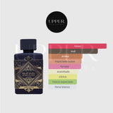 Notas olfativas de Lattafa Bade’e Al Oud Amethyst EDP con pimienta rosa, bergamota, rosa turca, rosa de Bulgaria, jazmín, madera de oud, ámbar y vainilla