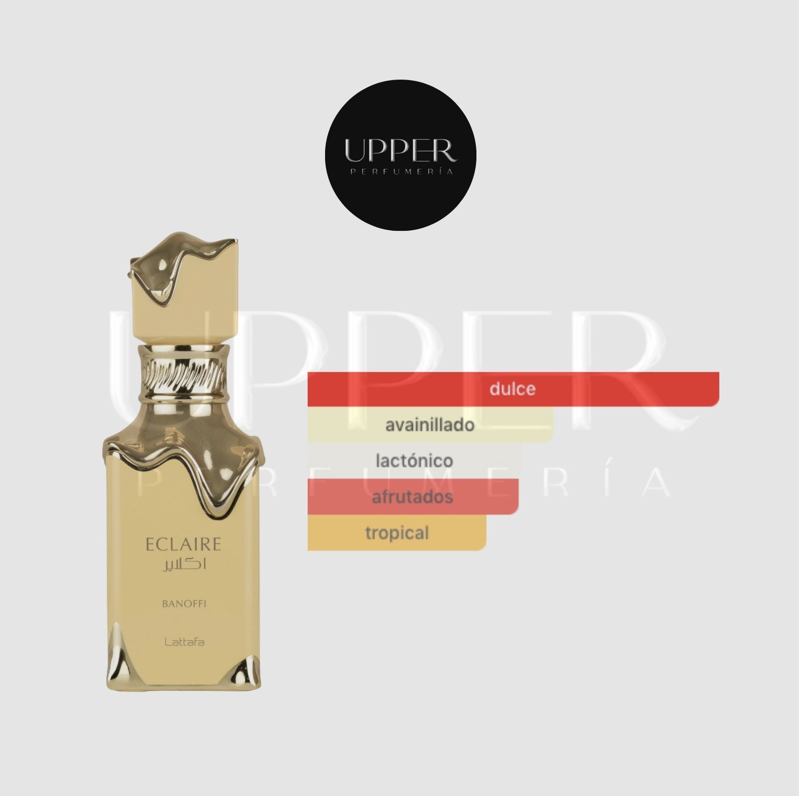 Notas olfativas de Lattafa Eclaire Banoffi EDP con banana, dulce de leche, vainilla, crema batida, bizcocho, praliné y almizcle