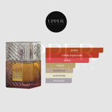 Notas olfativas de Lattafa Khamrah Dukhan EDP con mandarina, pimienta de Jamaica, especias ahumadas, ládano, flor de azahar, incienso, pachulí, tabaco, ámbar, praliné, haba tonka y benjuí