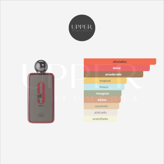 Notas olfativas de Afnan 9 PM Rebel Eau de Parfum con piña, mandarina, cedro, ámbar y almizcle