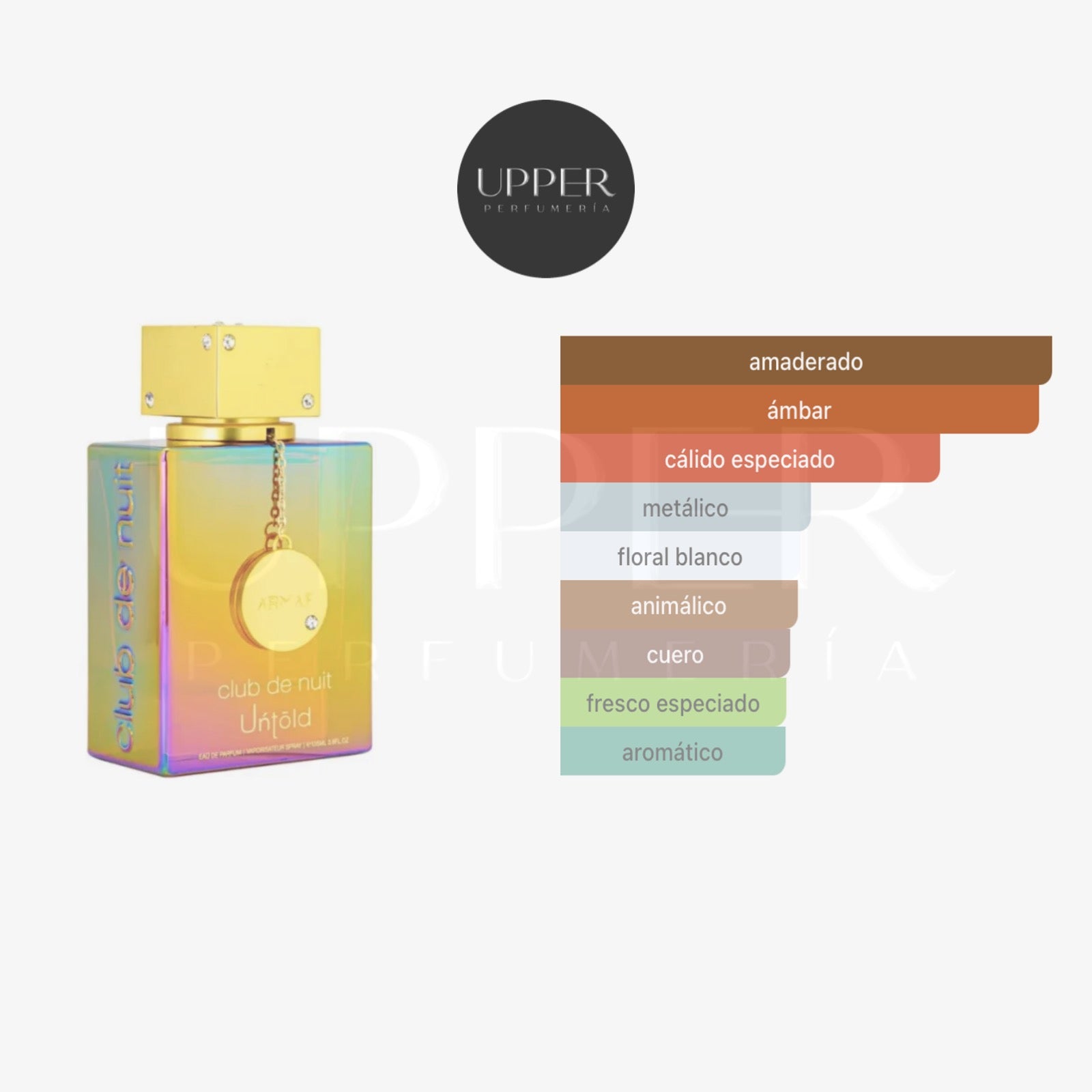 Notas olfativas de Armaf Club de Nuit Untold Eau de Parfum con azafrán, jazmín, ámbar gris, resina de abeto y cedro