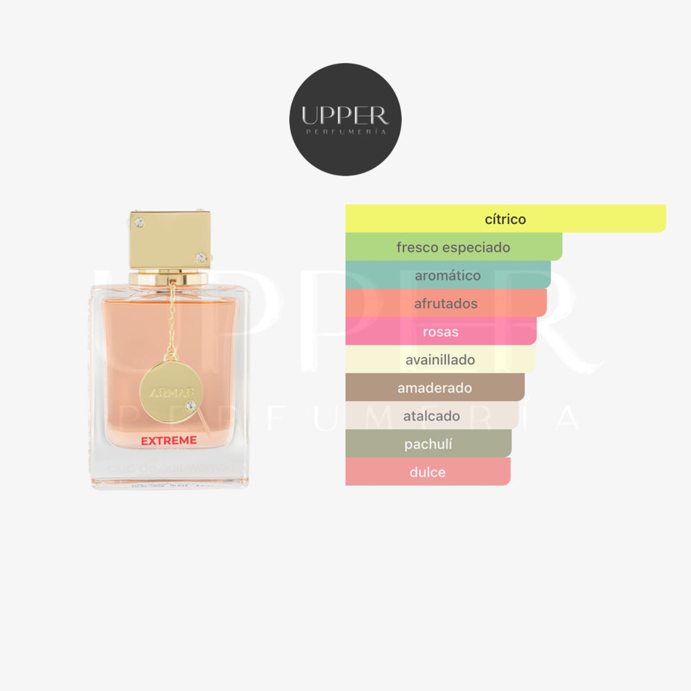 Notas olfativas de Armaf Club de Nuit Woman Extreme Eau de Parfum con lichi, bergamota, rosa, jazmín, vainilla y almizcle