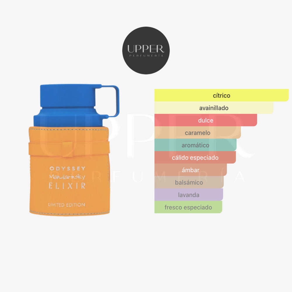 Notas olfativas de Armaf Mandarin Sky Elixir Eau de Parfum con mandarina, naranja, caramelo, haba tonka y vainilla