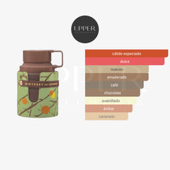 Notas olfativas de Armaf Odyssey Dubai Chocolat Eau de Parfum con pistacho, café, knafeh, chocolate, vainilla, caramelo y haba tonka