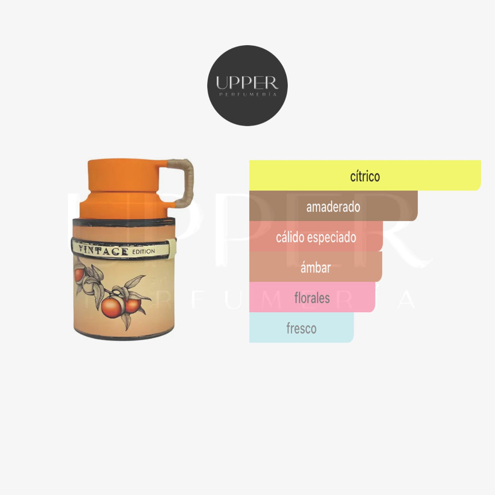 Notas olfativas de Armaf Odyssey Mandarin Sky Vintage Edition Eau de Parfum con mandarina, cítricos, especias, flores, ámbar y maderas