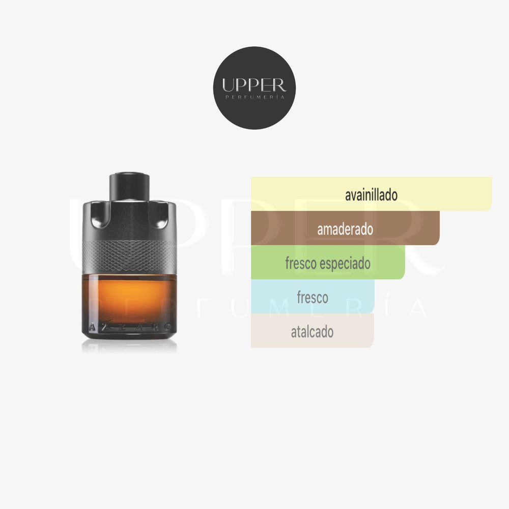 Notas olfativas de Azzaro The Most Wanted Parfum con jengibre rojo, vainilla bourbon y maderas ambaradas