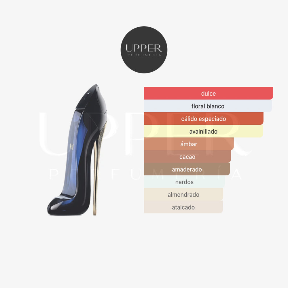Notas olfativas de Carolina Herrera Good Girl Eau de Parfum con almendra, café, jazmín sambac, cacao y haba tonka