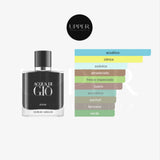Notas olfativas de Giorgio Armani Acqua di Giò Elixir con bergamota, mandarina verde, nuez moscada, hoja de violeta, cuero y pachulí