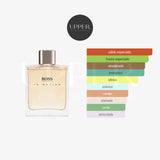 Notas olfativas de Hugo Boss In Motion con naranja, bergamota, canela, cardamomo, vetiver y sándalo