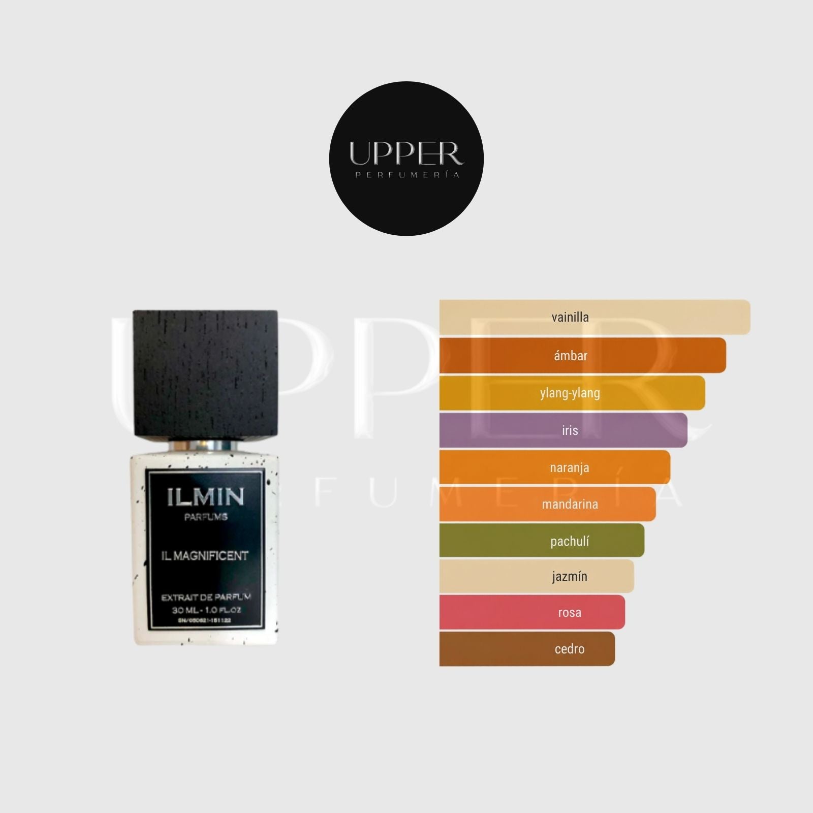 Notas olfativas de Ilmin Il Magnificent Extrait De Parfum con naranja, mandarina, ylang-ylang, iris, jazmín, rosas, vainilla, ámbar, pachulí y cedro