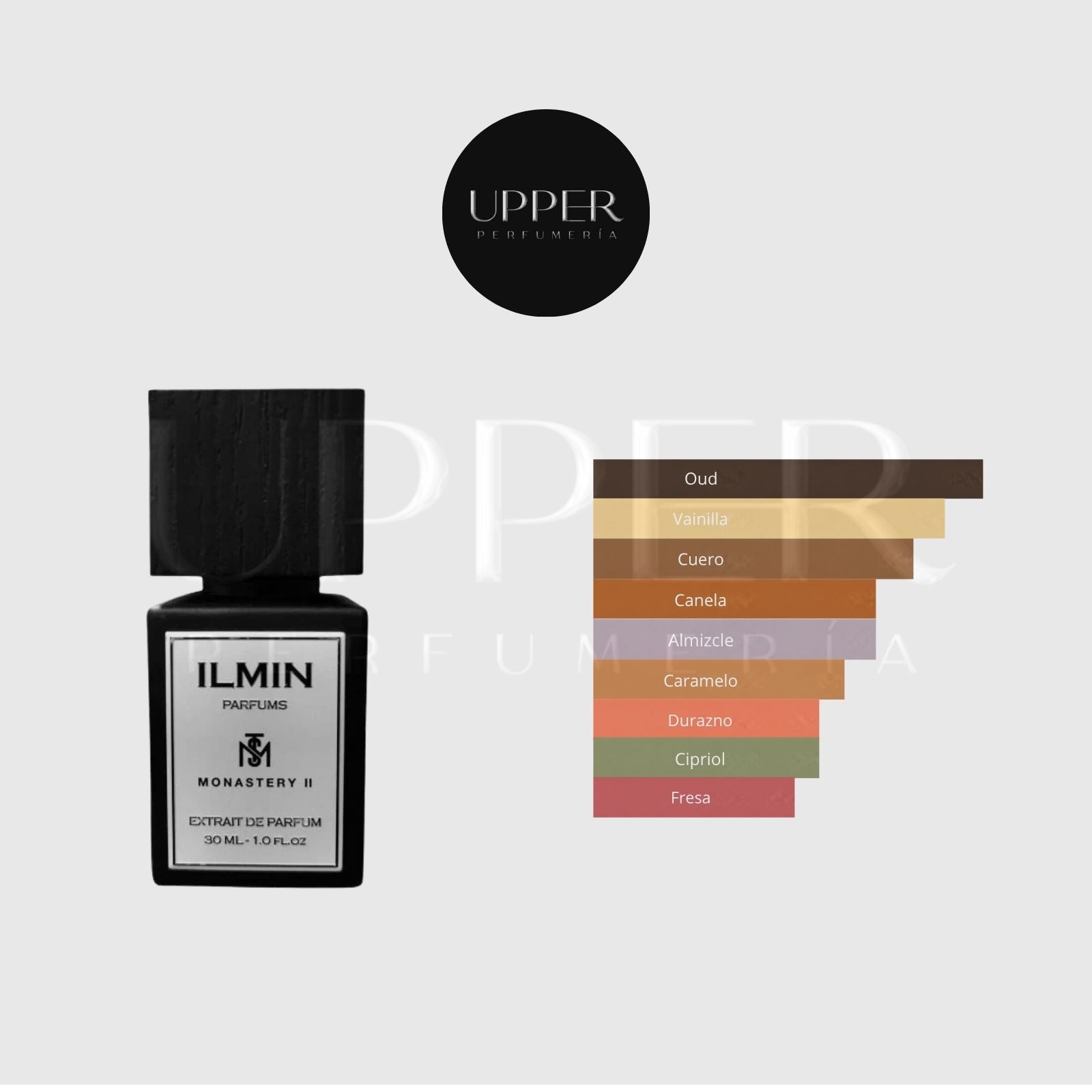 Notas olfativas de Ilmin Il Monastery II Extrait de Parfum con fresa, caramelo, durazno, cuero, cipriol, canela, oud, vainilla y almizcle
