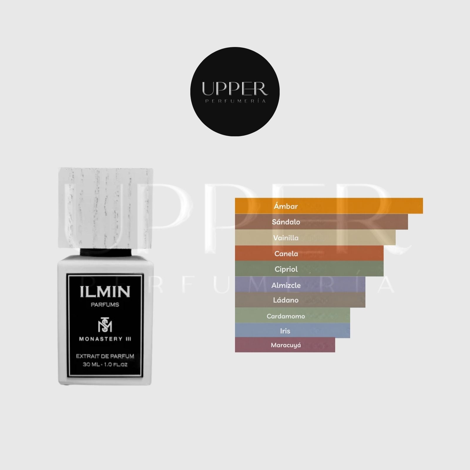 Notas olfativas de Ilmin Il Monastery III Extrait de Parfum con maracuyá, bergamota, canela, cardamomo, iris, ámbar, cipriol, sándalo, almizcle, vainilla y ládano