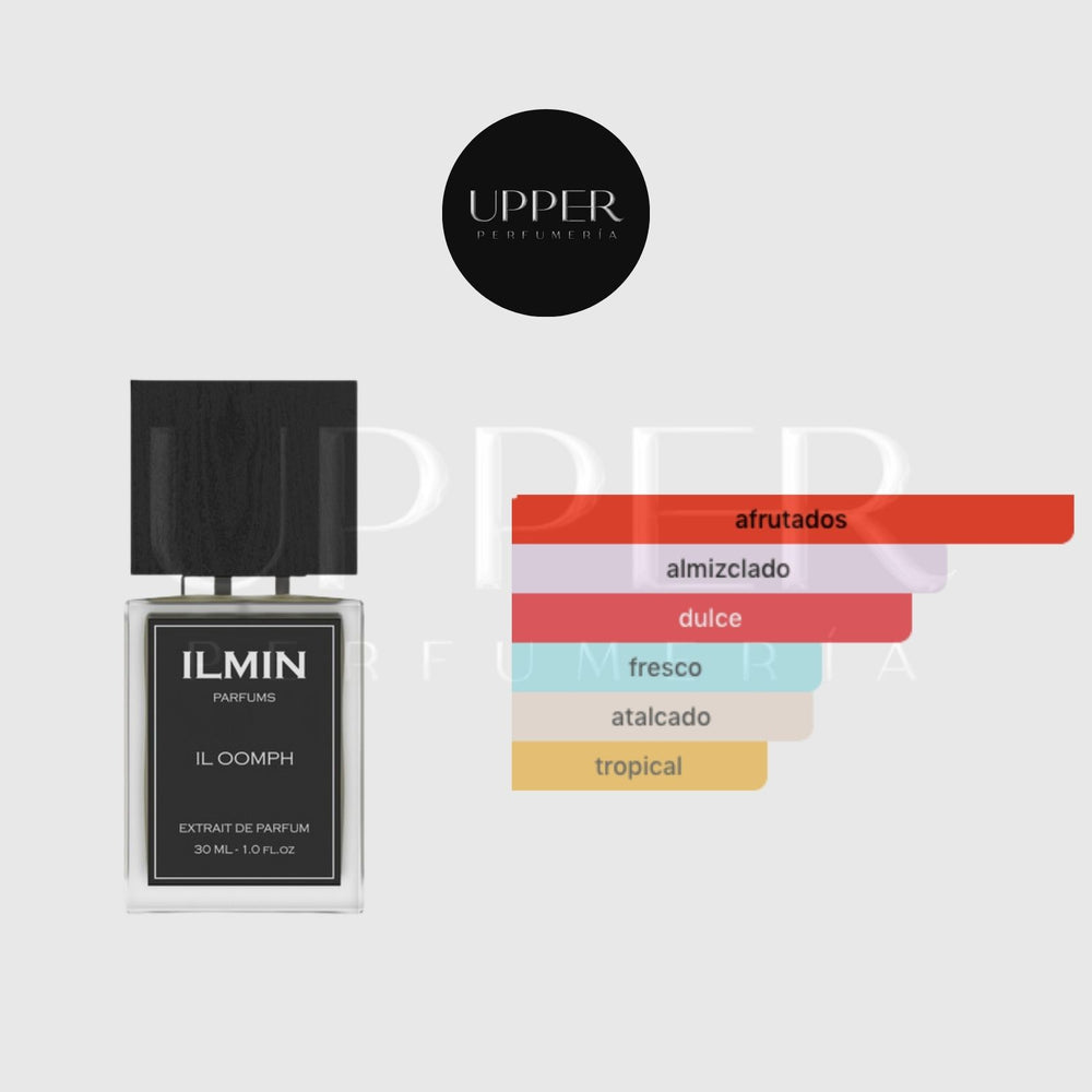 Notas olfativas de Ilmin Il Oomph Extrait de Parfum con piña, manzana, ciruela, fresa, iris, jazmín, lirio cala, rosa, almizcle, cedro, sándalo, pachulí, cipriol y ámbar gris