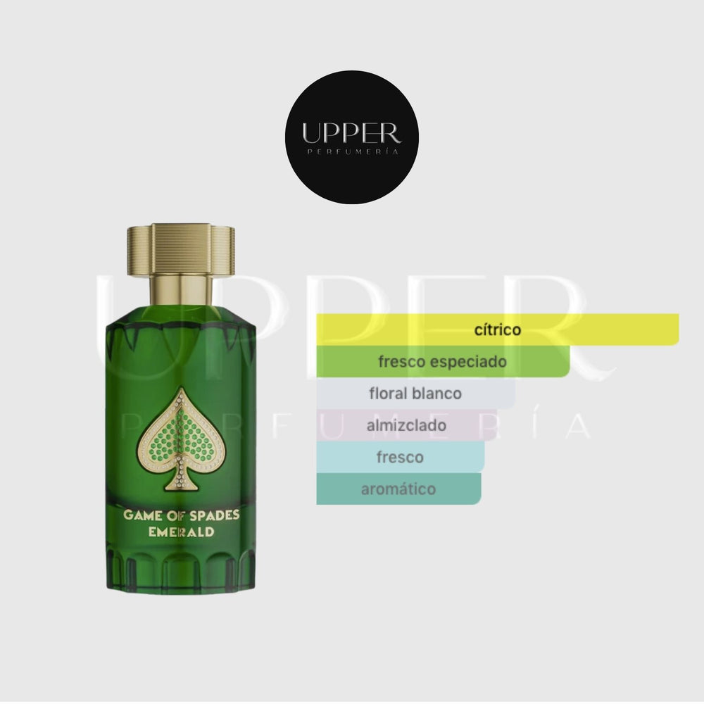 Notas olfativas de Jo Milano Paris Game of Spades Emerald con toronja, jengibre, bergamota, neroli, flor de azahar, almizcle y ambreta