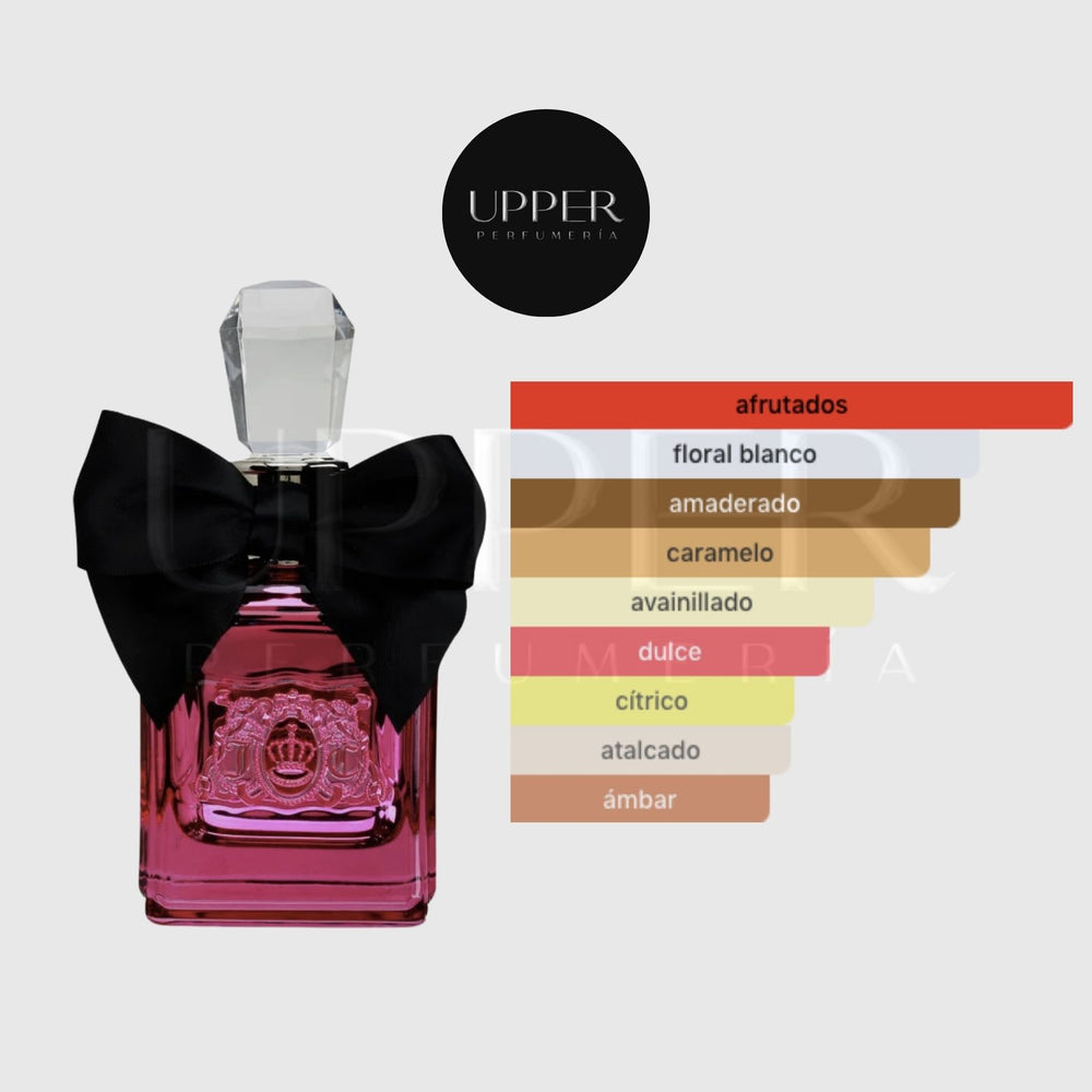 Notas olfativas de Juicy Couture Viva La Juicy Noir Eau de Parfum con bayas silvestres, mandarina, gardenia, madreselva, jazmín, caramelo, vainilla, ámbar y sándalo
