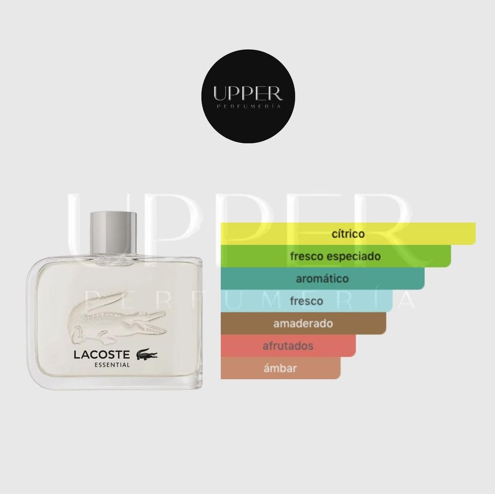 Notas olfativas de Lacoste Essential Eau de Toilette con bergamota, casia, hojas de tomatera, naranja tangerina, rosa, pimienta, sándalo y pachulí