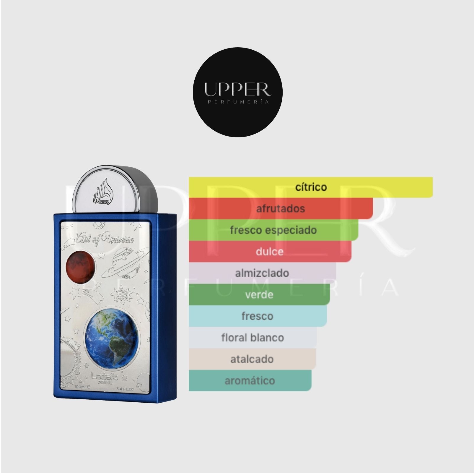 Notas olfativas de Lattafa Art of Universe EDP con mandarina, bergamota, jengibre, menta, pera, flor de azahar, almizcle, ámbar y cedro