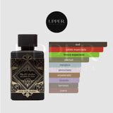 Notas olfativas de Lattafa Bade'e Al Oud Oud for Glory EDP con azafrán, nuez moscada, lavanda, madera de oud, pachulí y almizcle