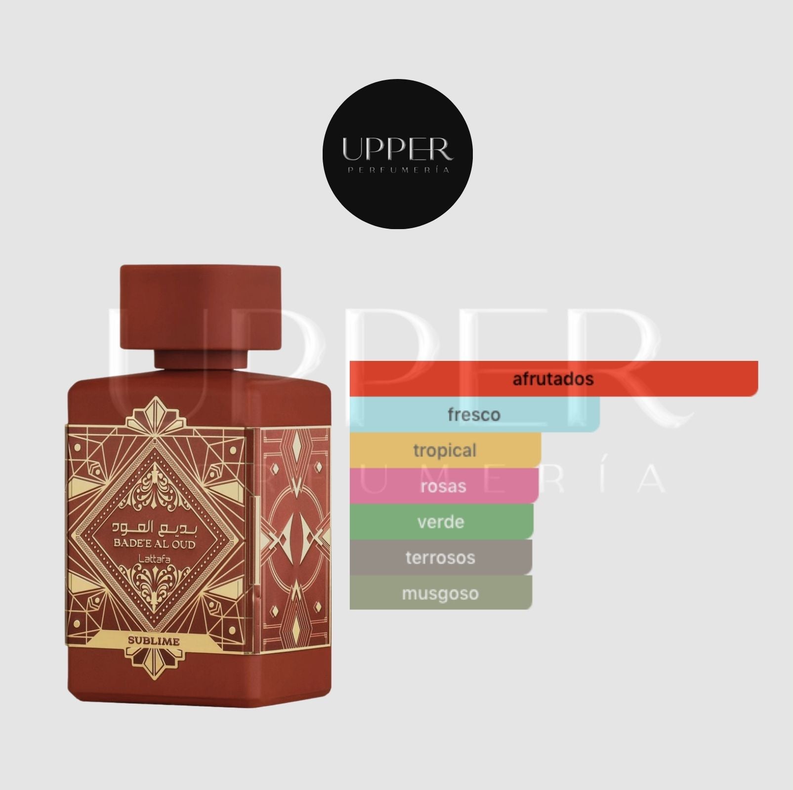 Notas olfativas de Lattafa Bade'e Al Oud Sublime EDP con manzana, lichi, rosa, ciruela, jazmín, vainilla, musgo y pachulí