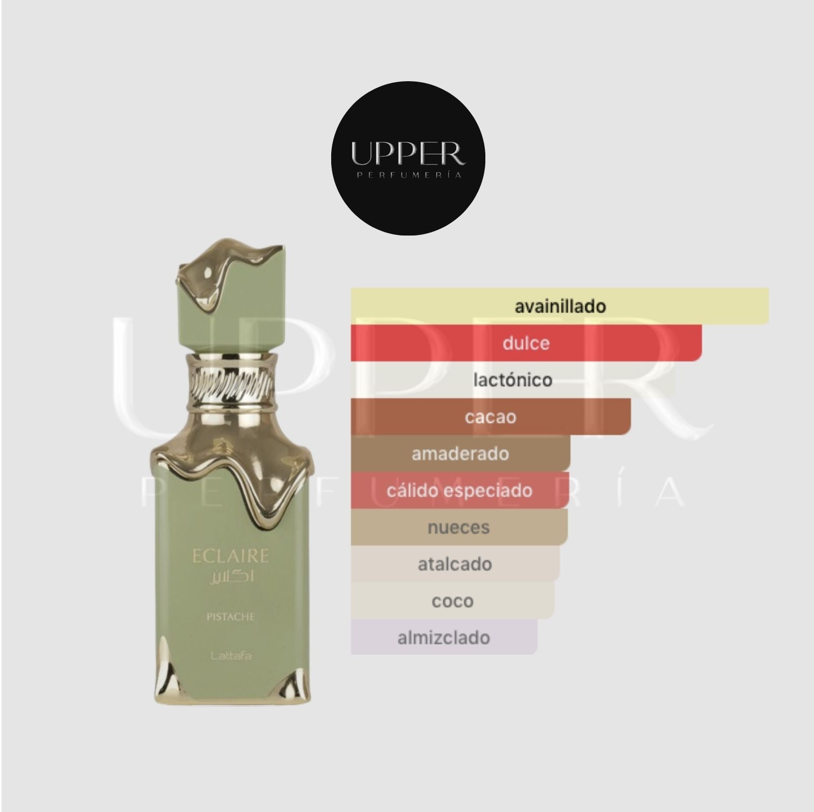 Notas olfativas de Lattafa Eclaire Pistache EDP con crema de pistacho, pistacho tostado, crema batida, coco, cacao, vainilla, leche y almizcle