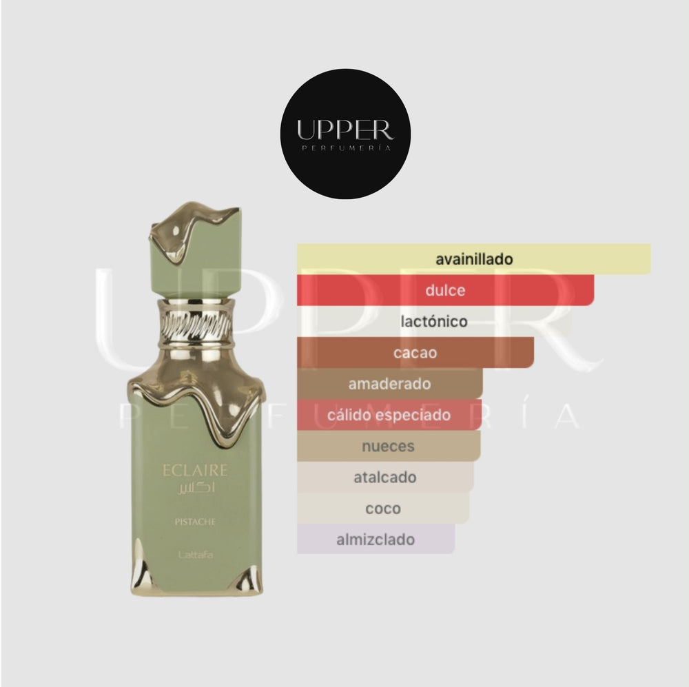 Notas olfativas de Lattafa Eclaire Pistache EDP con crema de pistacho, pistacho tostado, crema batida, coco, cacao, vainilla, leche y almizcle