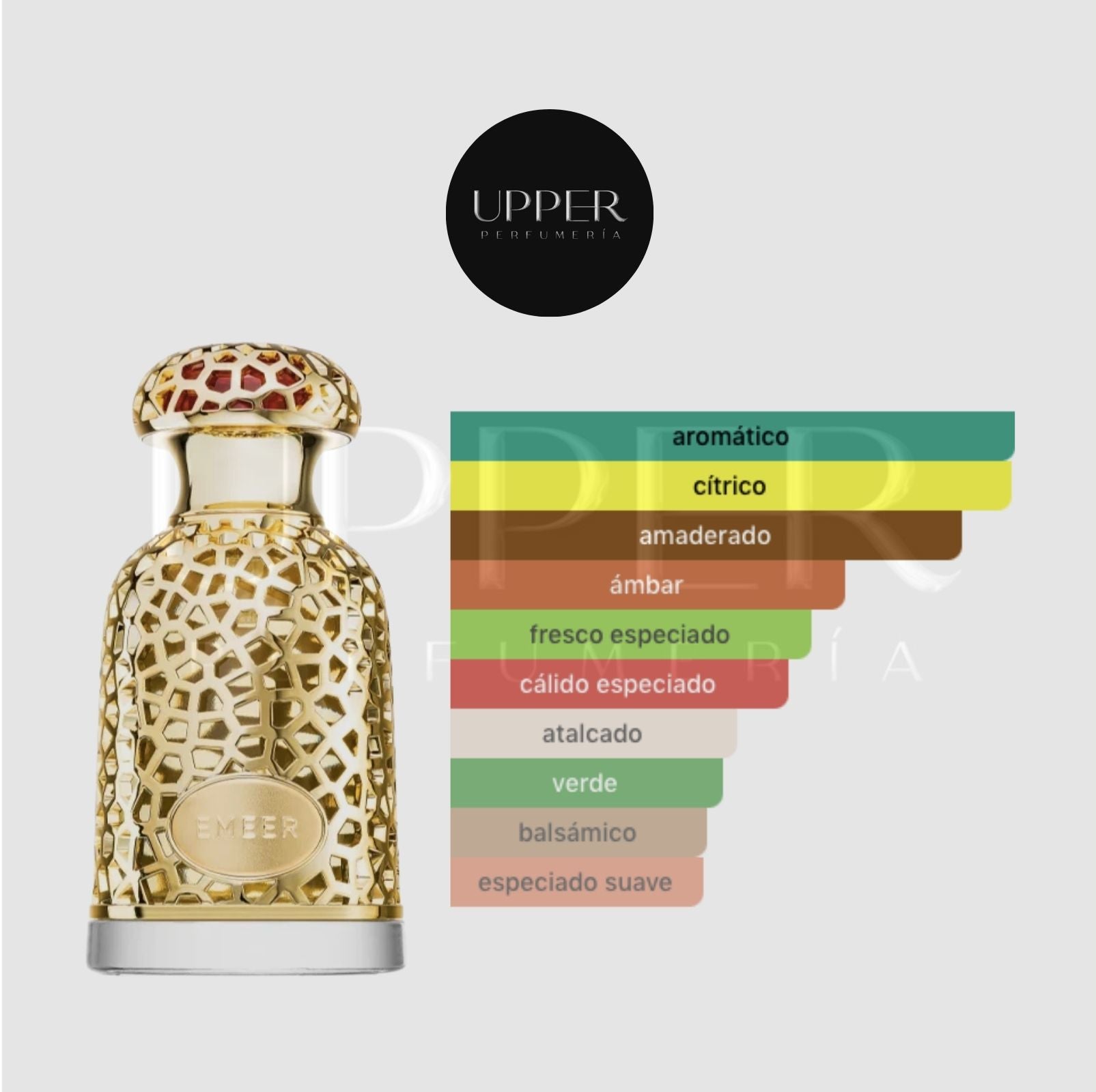 Notas olfativas de Lattafa Emeer EDP con limón, bergamota, salvia esclarea, bayas de enebro, té blanco, sándalo, cardamomo, olíbano, ámbar gris, cedro, cashmeran y pachulí