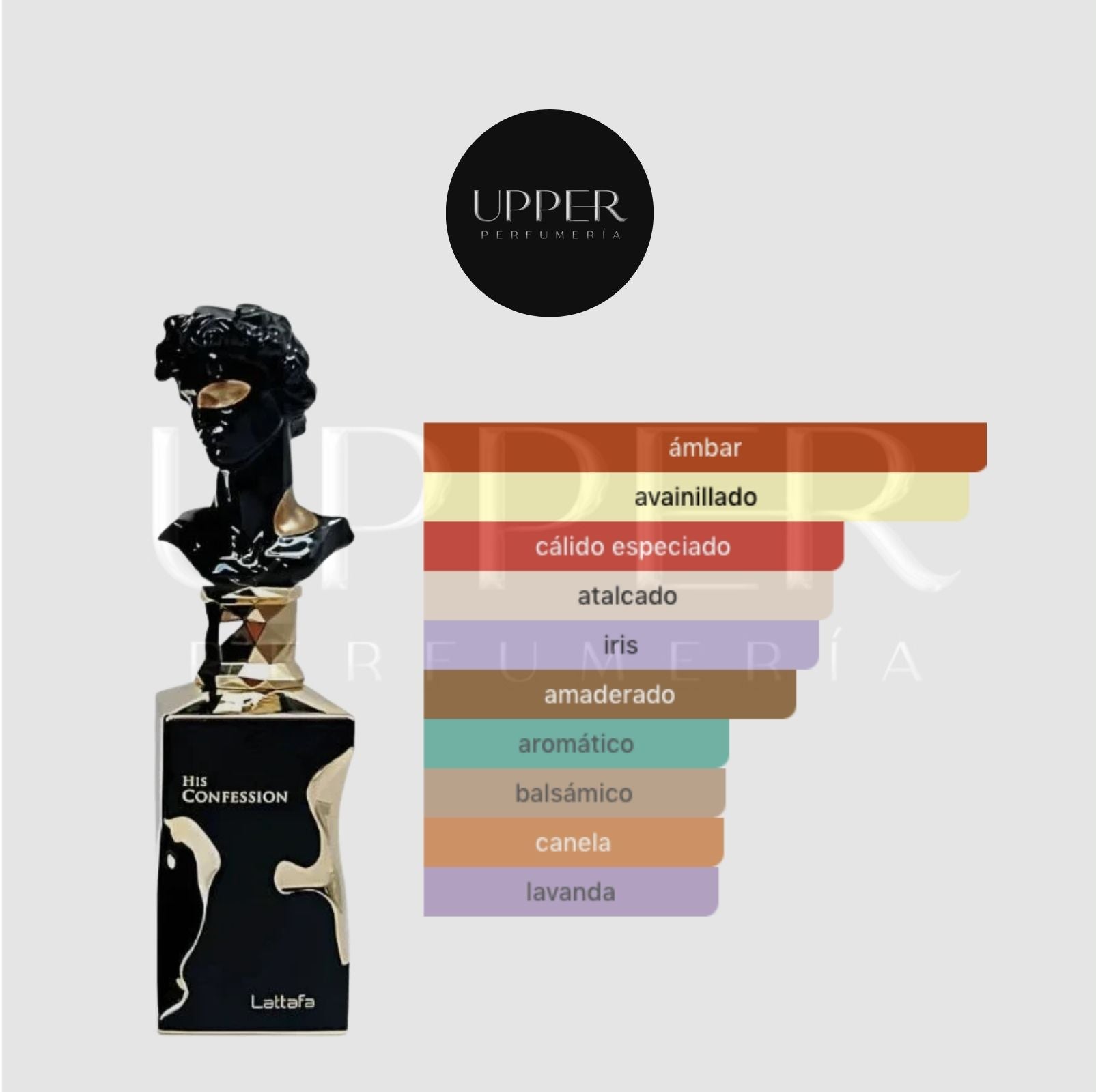 Notas olfativas de Lattafa His Confession EDP con mandarina, canela, lavanda, iris, benjuí, ciprés, mahonial, vainilla, haba tonka, ámbar, incienso, cedro y pachulí