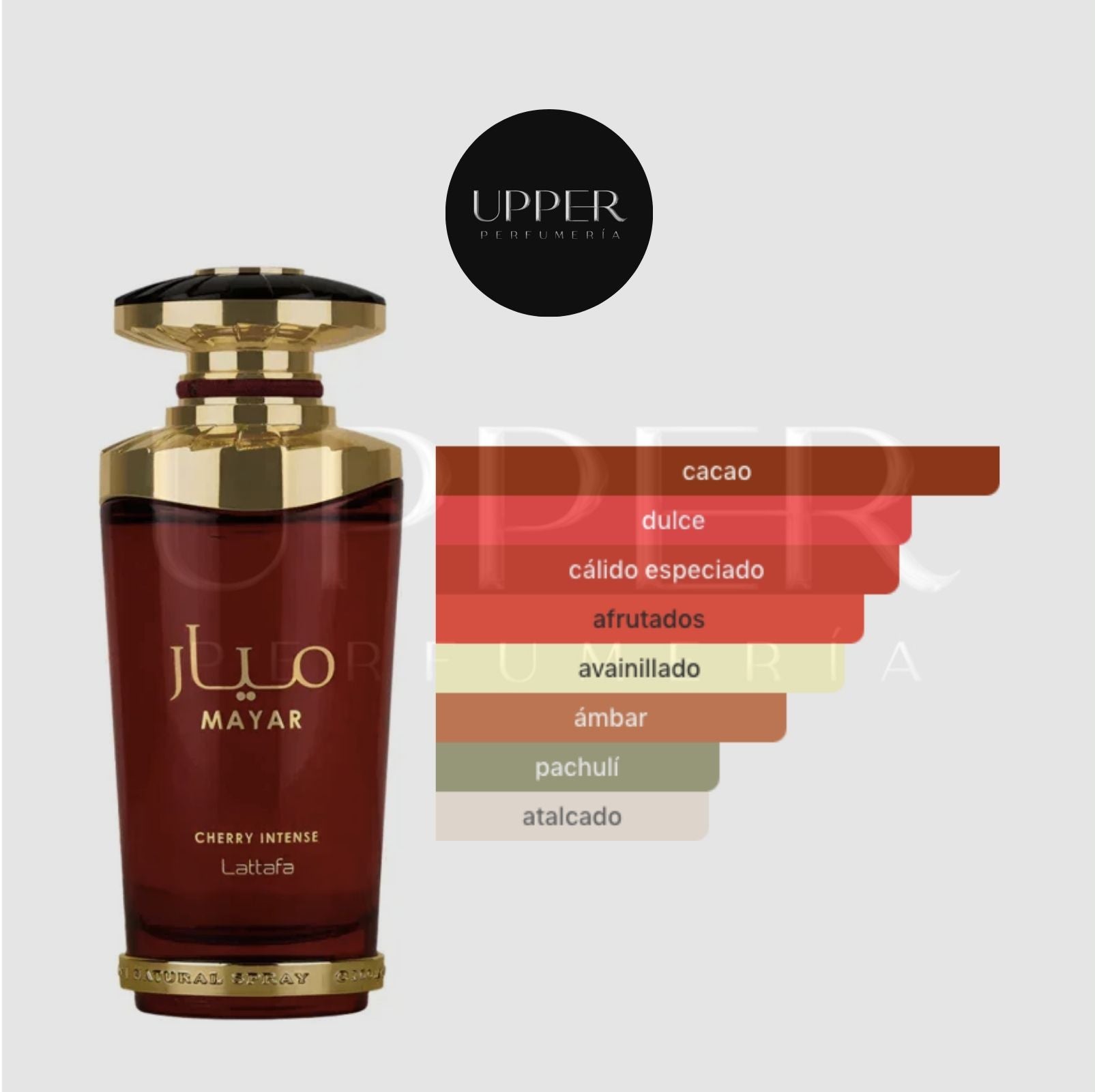 Notas olfativas de Lattafa Mayar Cherry Intense EDP con fresa, bergamota, mermelada de cereza, cacao, vainilla, ámbar y pachulí