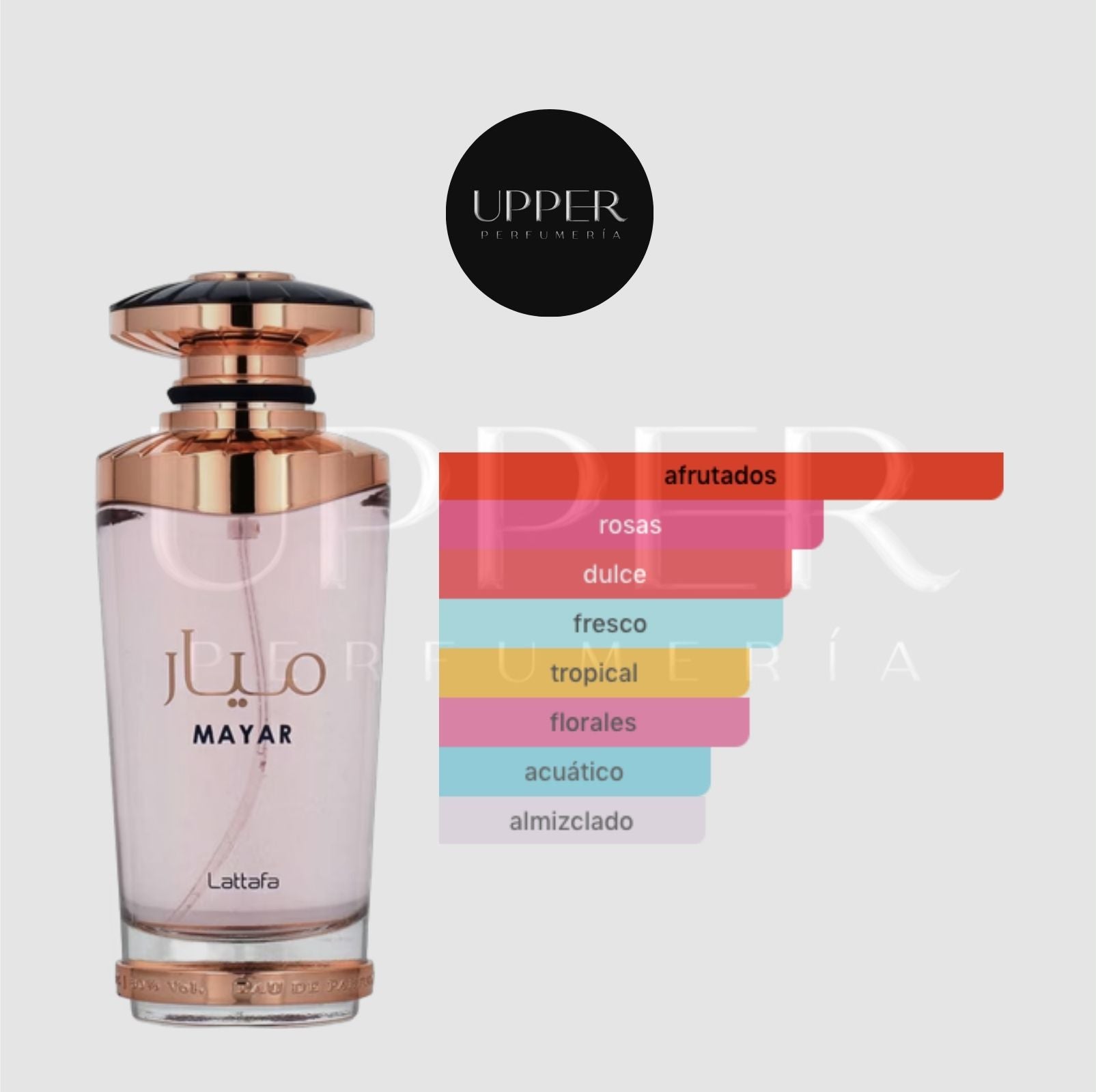 Notas olfativas de Lattafa Mayar EDP con lichi, frambuesa, hojas de violeta, peonía, rosa blanca, jazmín, almizcle y vainilla