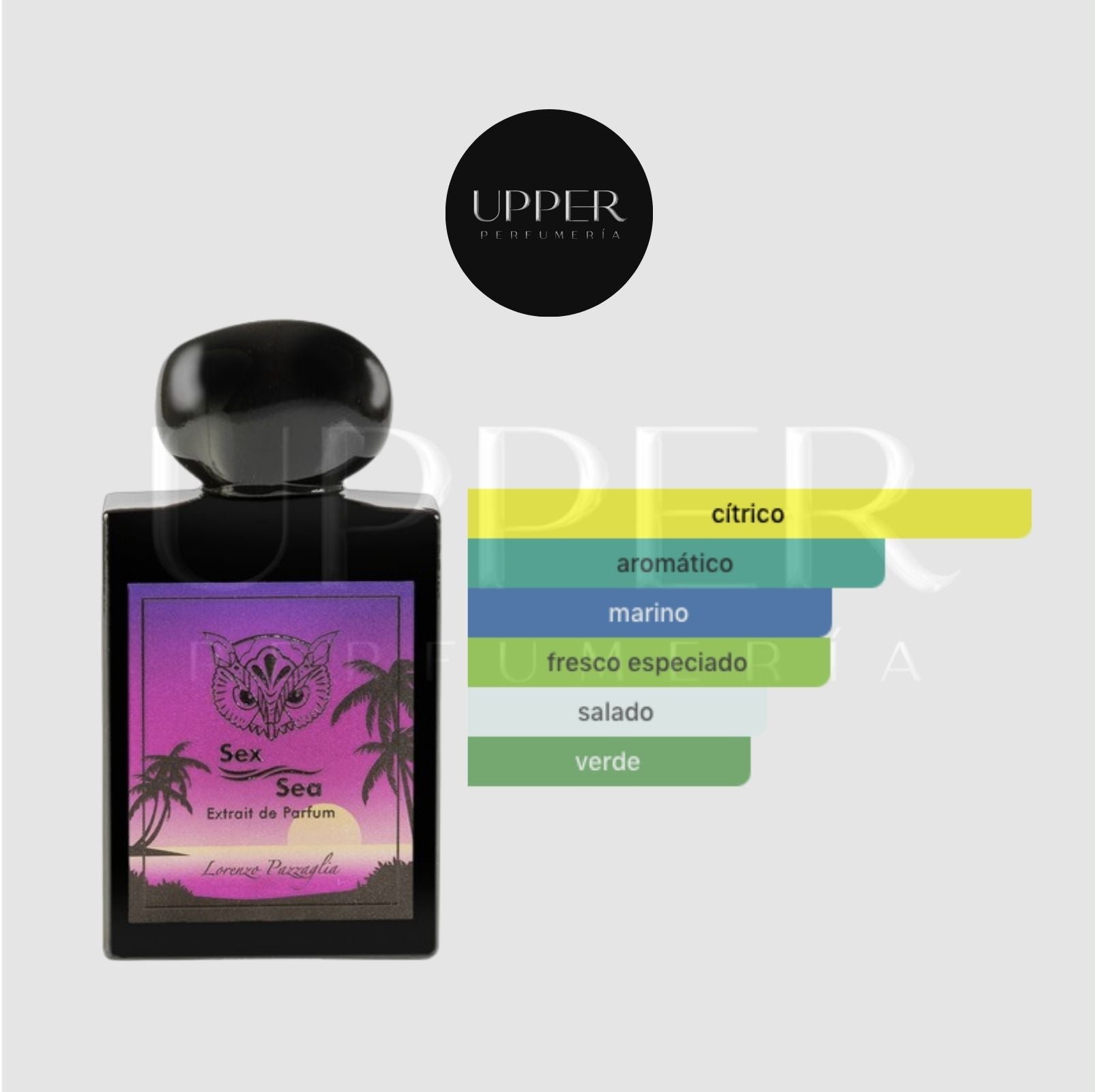 Notas olfativas de Lorenzo Pazzaglia Sex Sea con menta, absenta, yuzu, bergamota, pomelo rosado, mandarina, pimienta rosa, higo, mirto, notas marinas, flores blancas, cedro, musgo de roble, sal, algas, ámbar gris y pachulí
