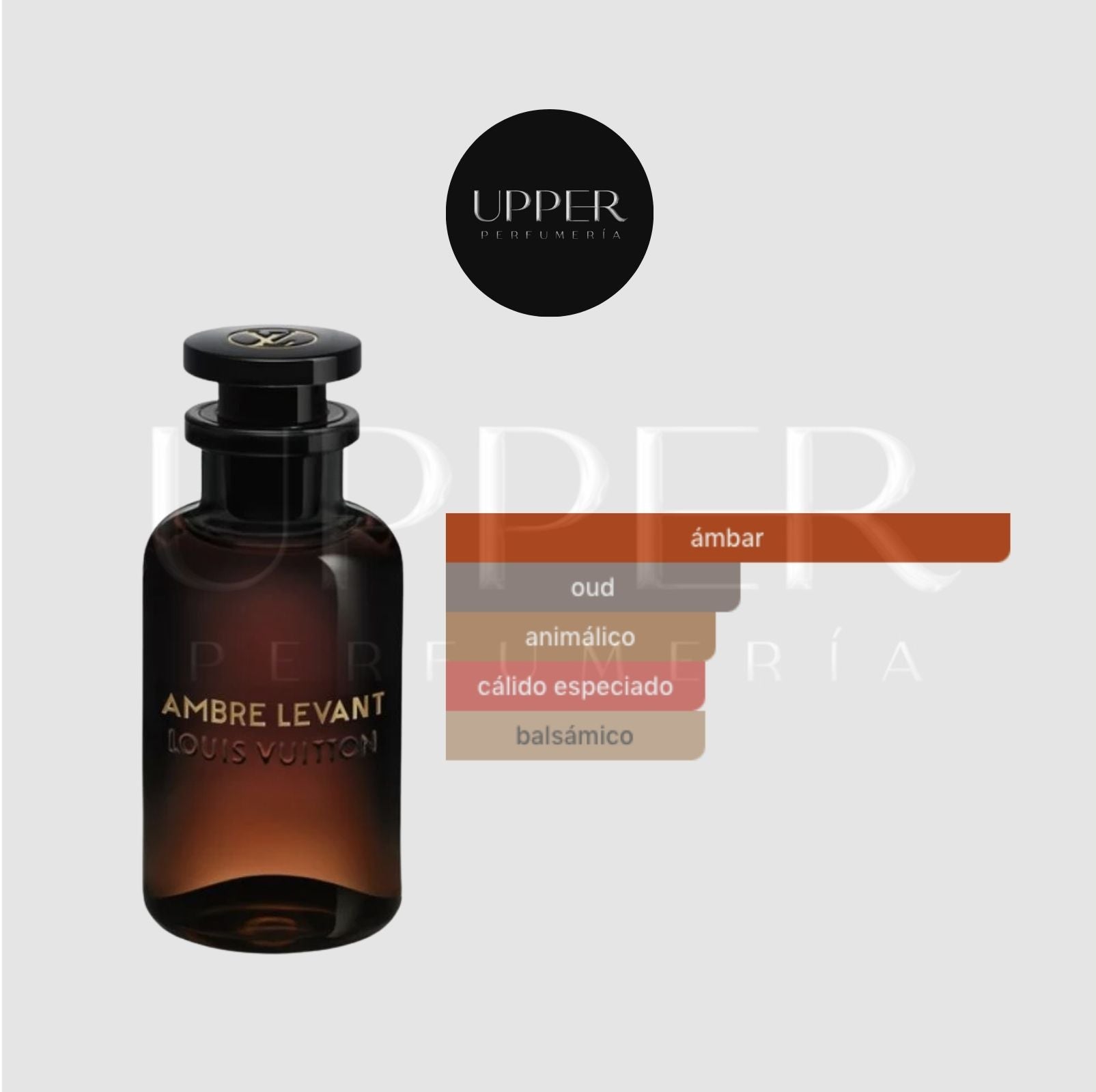 Notas olfativas de Louis Vuitton Ambre Levant EDP con mandarina, canela, pimienta blanca, azafrán, incienso blanco, ládano, ámbar, madera de oud y ámbar gris