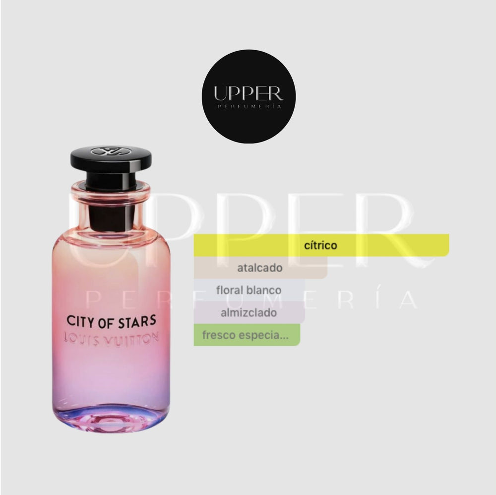 Notas olfativas de Louis Vuitton City of Stars EDP con naranja sanguina, limón, mandarina roja, bergamota, lima, flor de tiaré, almizcle empolvado y sándalo
