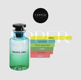 Notas olfativas de Louis Vuitton Pacific Chill EDP con grosella negra, menta, naranja, cidra, limón, cilantro, albaricoque, albahaca, rosa de mayo, semillas de zanahoria, higo, dátiles y ambreta