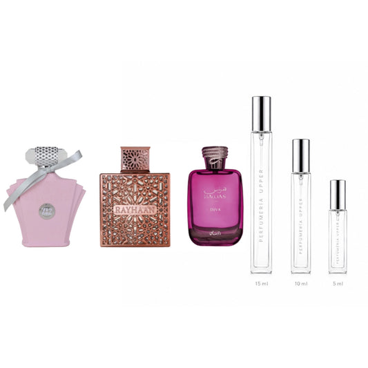 Set Árabes Mujer Tendencia con perfumes 100% originales y aromas dulces y sofisticados. Decants de 5, 10 y 15 ml. Envíos a todo el país.