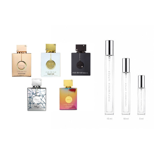 Set Decants Armaf Club de Nuit con perfumes originales en presentaciones de 5 ml, 10 ml y 15 ml