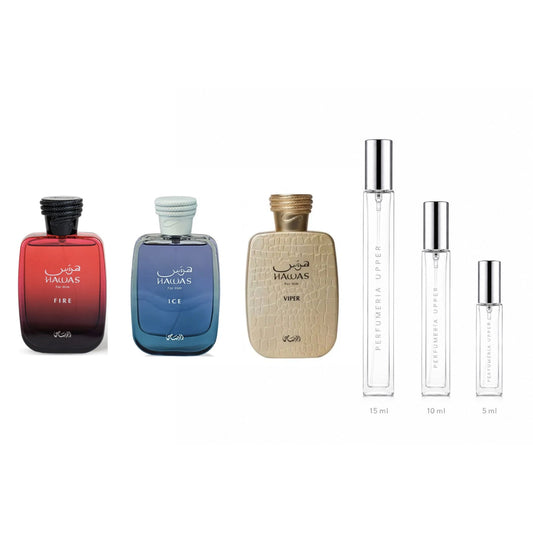 Set Rasasi Hawas Más Vendidos con decants originales de Hawas Fire, Hawas Ice y Hawas Viper en 5 ml, 10 ml y 15 ml