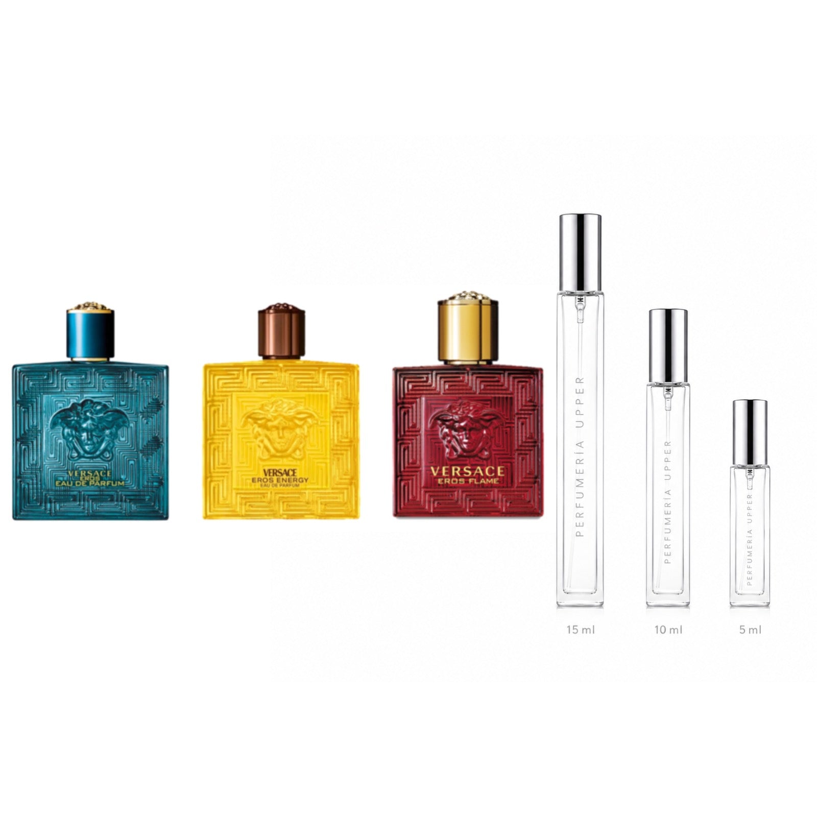 Set Versace Eros Trilogía con decants de perfumes originales de 5 ml, 10 ml y 15 ml