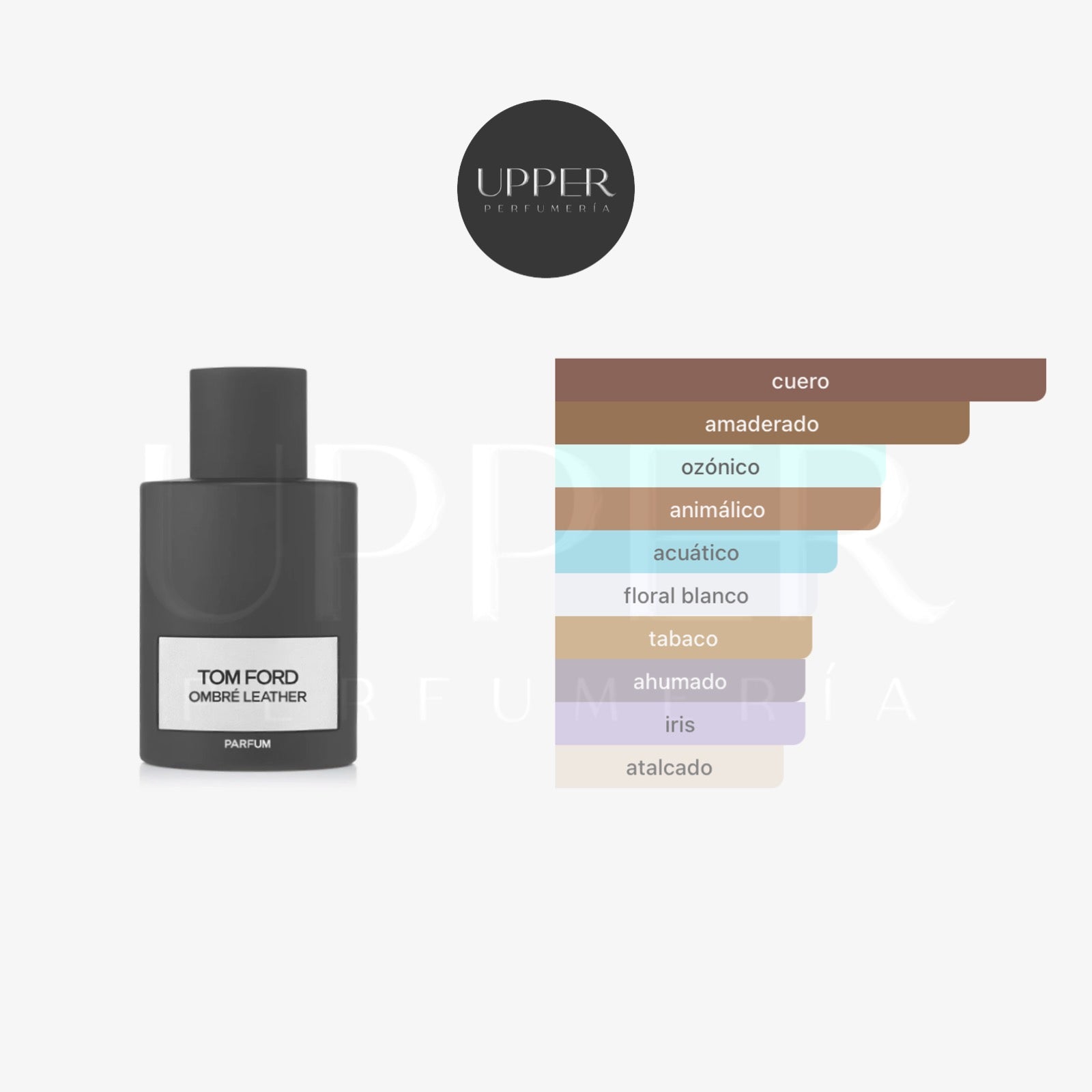 Notas olfativas de Tom Ford Ombré Leather Parfum: hojas de violeta, cedro, jazmín sambac, raíz de lirio, cuero, maderas y tabaco.